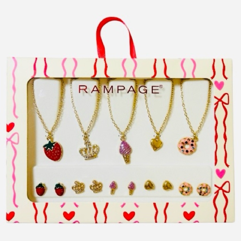 Girls jewelry 10 piece RAMPAGE set. 5 necklaces and 5 set of earrings. New. Gold